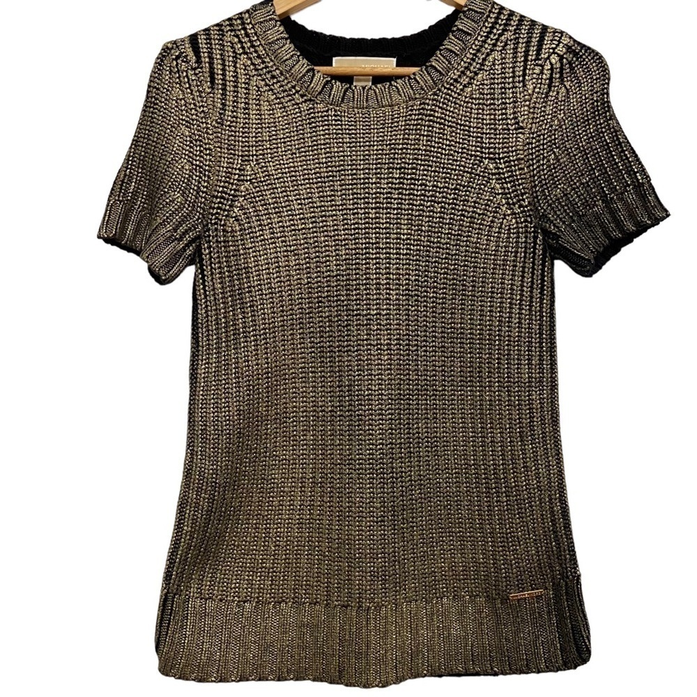 Michael Kors shimmer knit black gold angora blend short sleeve top small sweater